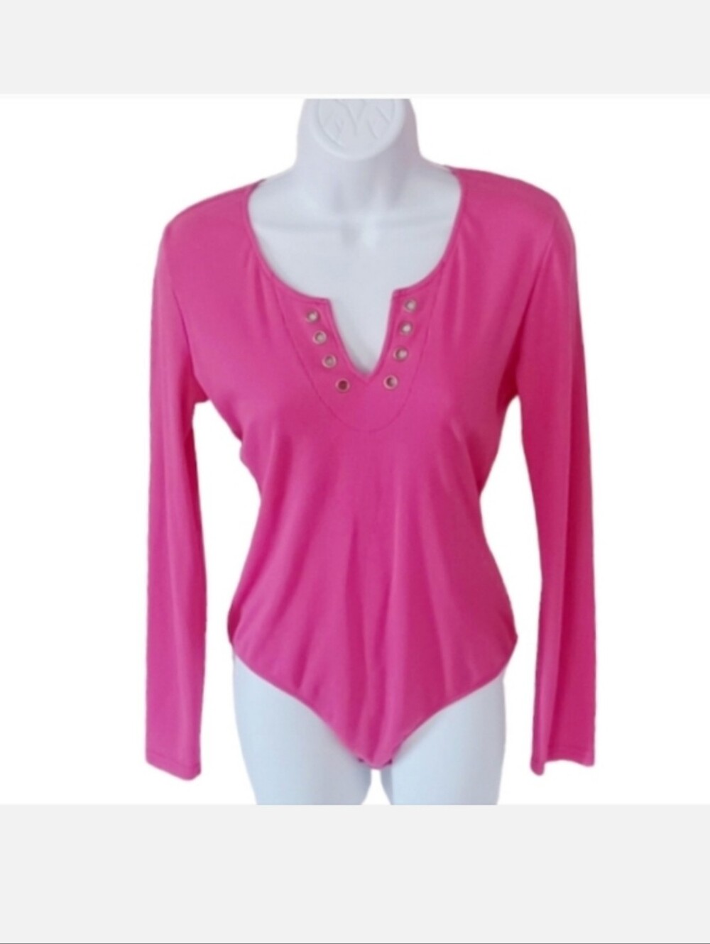 Long Sleeve Ribbed Bodysuit Lace Up V-neck Top Fushia/Pink Small